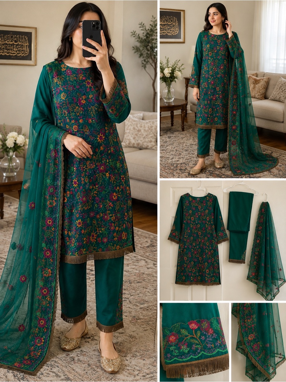 Embroidered Green Floral Salwar Kameez Set with Dupatta cotton M